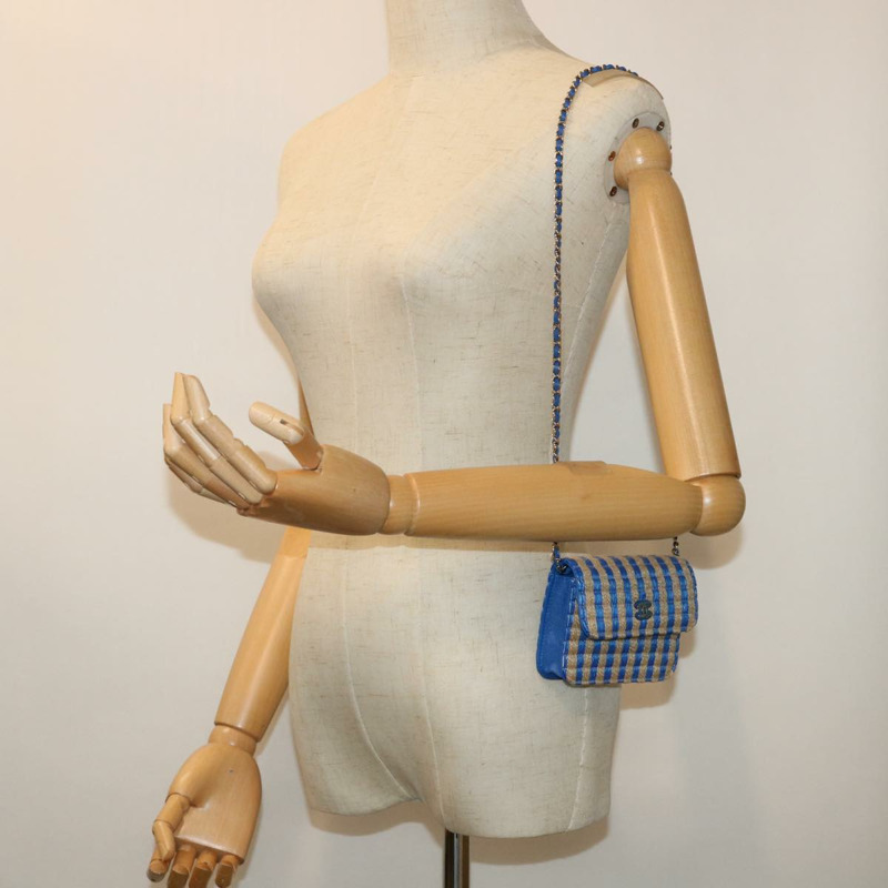 【日本直送】香奈兒鏈單背包 拉菲草編織 藍色 米色 CC 標誌 正品 51139SV-22