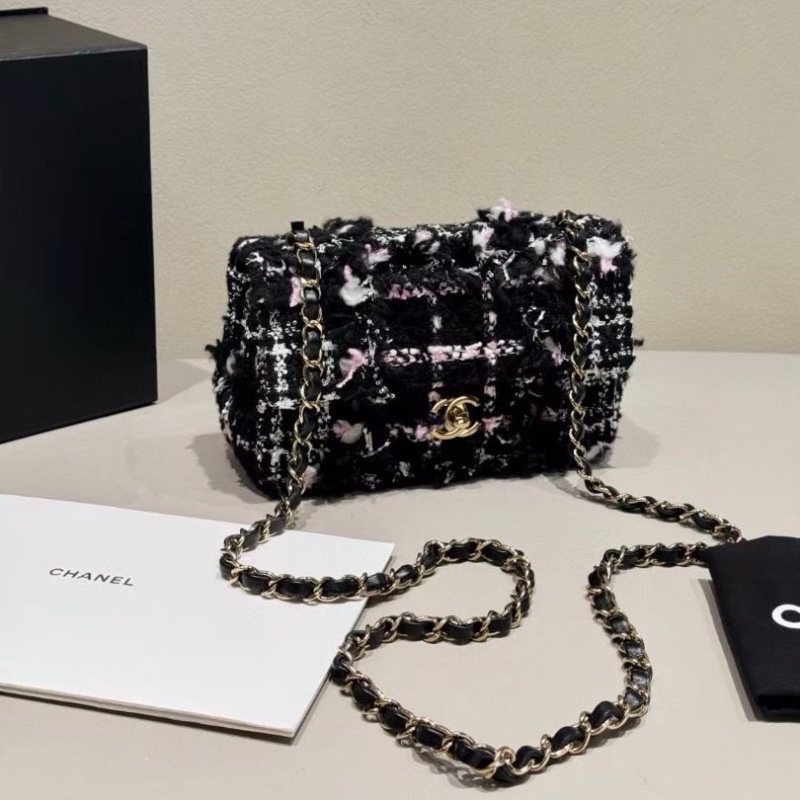 𝐁𝐋𝐀𝐂𝐊 𝐏𝐈𝐍𝐊限量款 Chanel 23K毛呢 cf 大mini 芯片款 黑粉撞色12*20*6cm  95新 配件塵袋-3