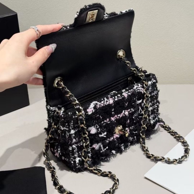 𝐁𝐋𝐀𝐂𝐊 𝐏𝐈𝐍𝐊限量款 Chanel 23K毛呢 cf 大mini 芯片款 黑粉撞色12*20*6cm  95新 配件塵袋-4