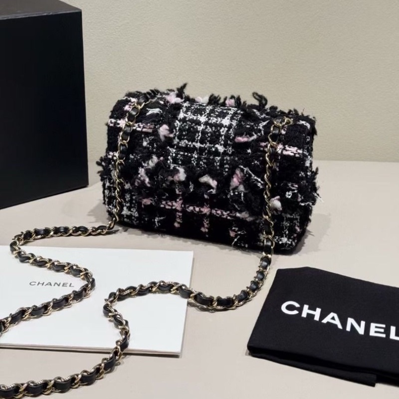 𝐁𝐋𝐀𝐂𝐊 𝐏𝐈𝐍𝐊限量款 Chanel 23K毛呢 cf 大mini 芯片款 黑粉撞色12*20*6cm  95新 配件塵袋-6
