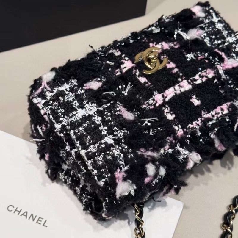 𝐁𝐋𝐀𝐂𝐊 𝐏𝐈𝐍𝐊限量款 Chanel 23K毛呢 cf 大mini 芯片款 黑粉撞色12*20*6cm  95新 配件塵袋-7
