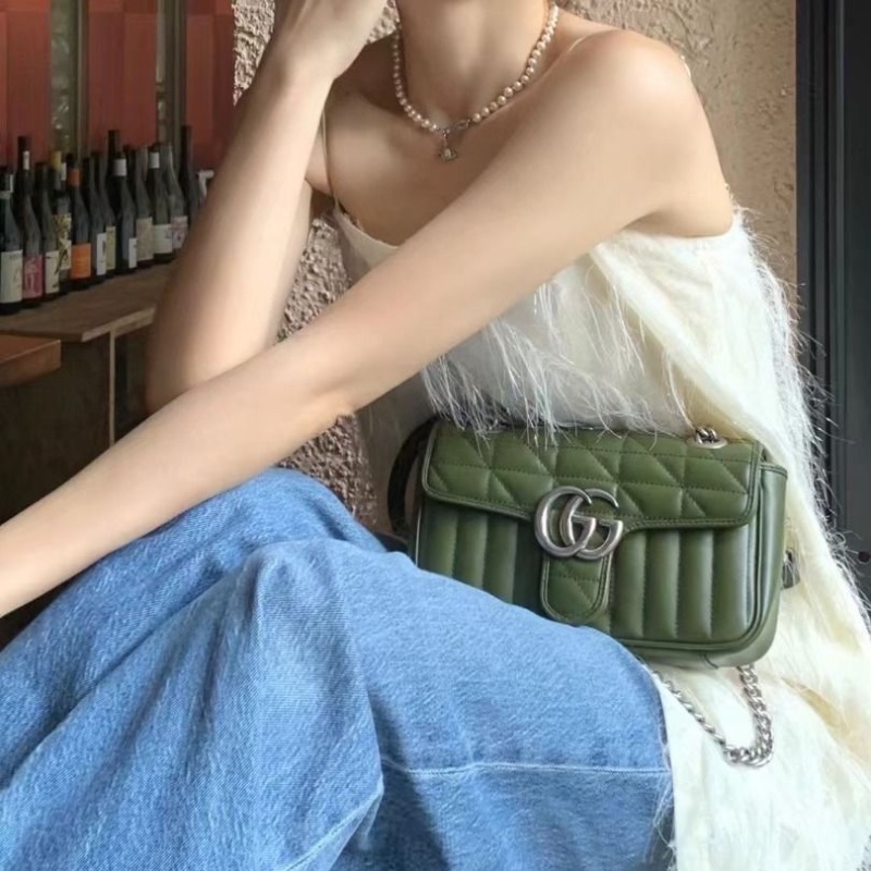 Gucci Marmont馬蒙22 牛皮 橄欖綠 銀扣 22*13*5 95新 配件塵袋 盒子-0