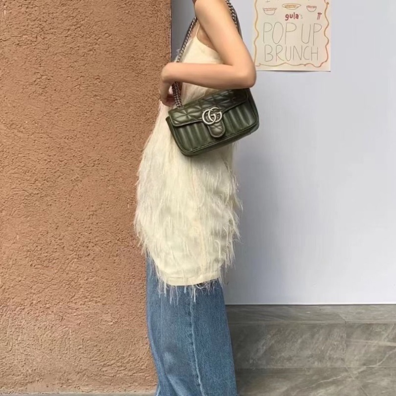 Gucci Marmont馬蒙22 牛皮 橄欖綠 銀扣 22*13*5 95新 配件塵袋 盒子-1