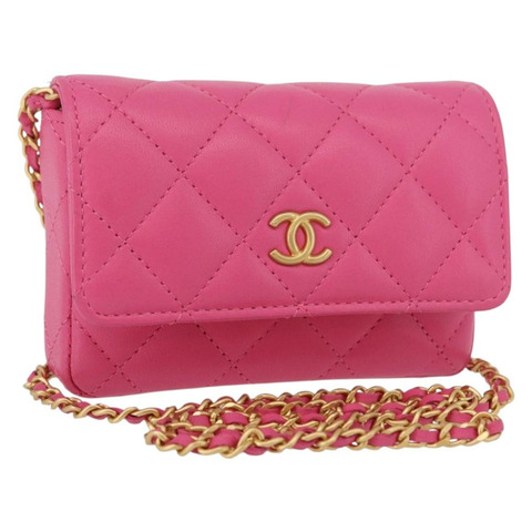 香奈兒 (CHANEL) 絎縫鏈條單肩包，羊皮材質，粉紅色金色雙C標誌，正品編號 168325SAM