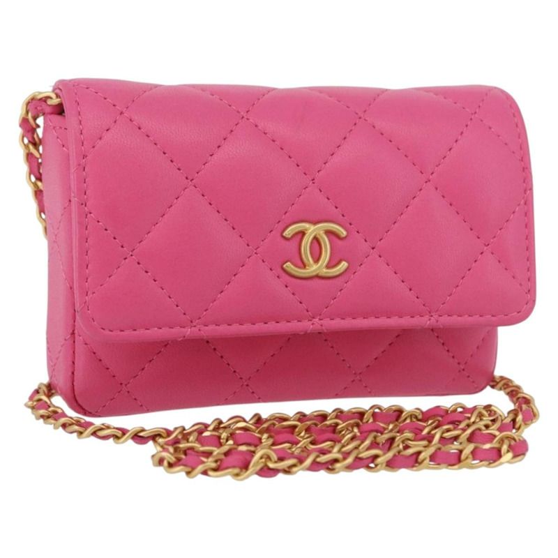 【日本直送】香奈兒 (CHANEL) 絎縫鏈條單肩包，羊皮材質，粉紅色金色雙C標誌，正品編號 168325SAM-0