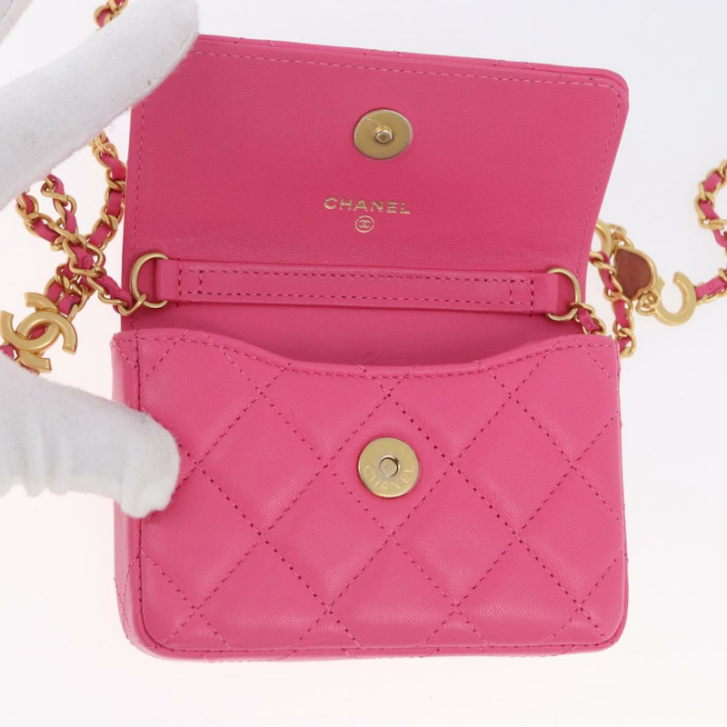 【日本直送】香奈兒 (CHANEL) 絎縫鏈條單肩包，羊皮材質，粉紅色金色雙C標誌，正品編號 168325SAM-8