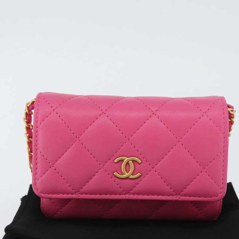 【日本直送】香奈兒 (CHANEL) 絎縫鏈條單肩包，羊皮材質，粉紅色金色雙C標誌，正品編號 168325SAM-11