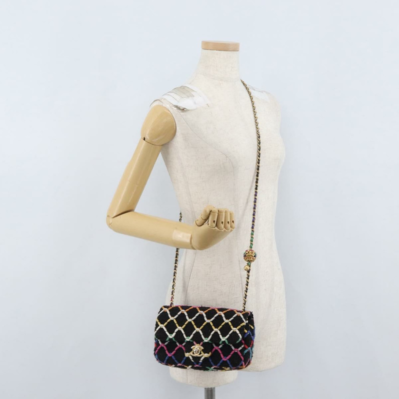 【日本直送】香奈兒迷你絎縫20鏈條肩背包，黑色斜紋軟呢，金色雙C標誌，正品編號171505SAM-28