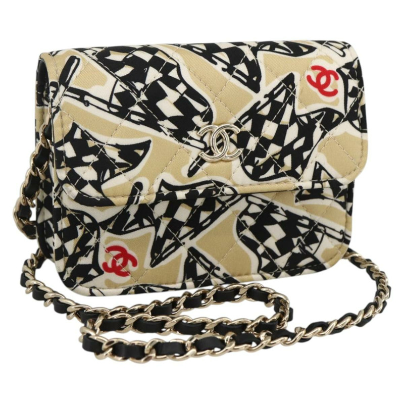 【日本直送】香奈兒 (CHANEL) 迷你絎縫 12 號肩背包，緞面米色，金色雙 C 標誌，正品 LNZ395M-0