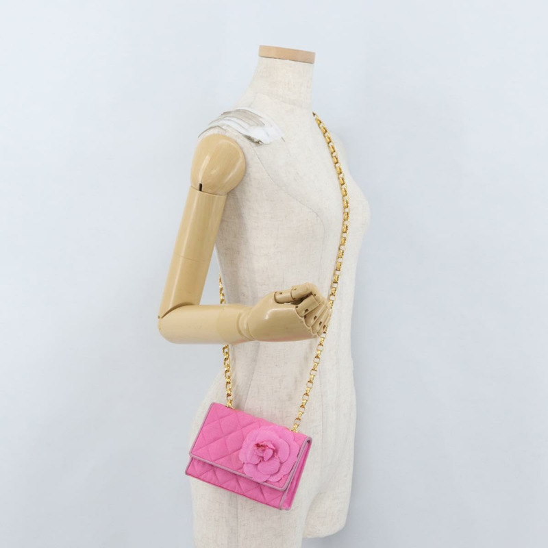 【日本直送】香奈兒 (CHANEL) 絎縫鏈條山茶花單背包 粉紅金色雙C標誌 Auth 172461V-27