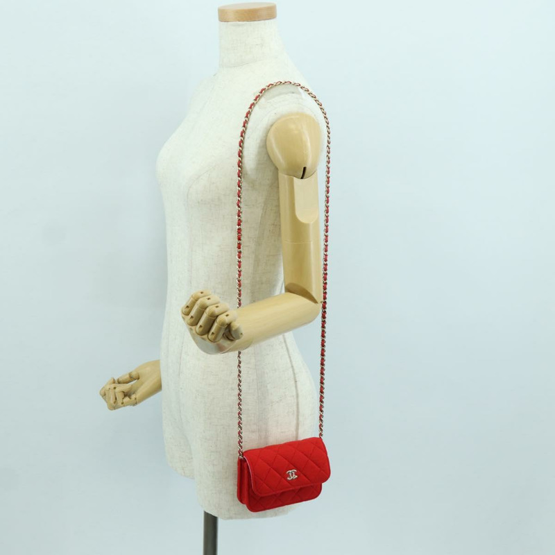 【日本直送】香奈兒 (CHANEL) 絎縫鏈條肩背包 棉質 紅色 金色 CC 標誌 Auth bs33822SAM-24