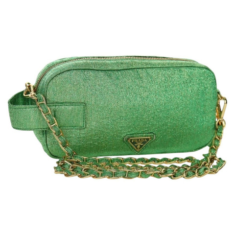PRADA 鏈條肩背包 帆布 綠色 金色 正品 LNZ744V