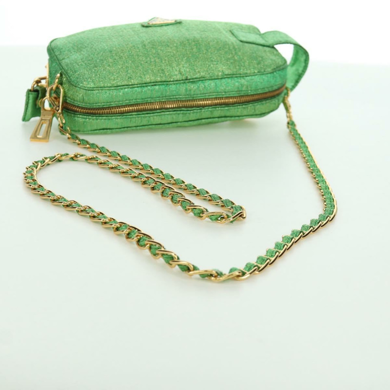 【日本直送】PRADA 鏈條肩背包 帆布 綠色 金色 正品 LNZ744V-6