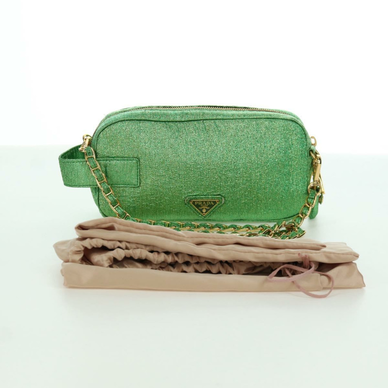 【日本直送】PRADA 鏈條肩背包 帆布 綠色 金色 正品 LNZ744V-11