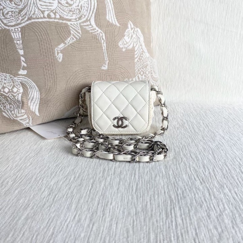 Chanel 白銀mini編織盒子包 白色銀扣 羊皮 10*9*4 9新 配件塵袋-2