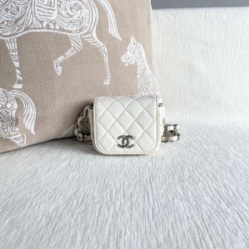 Chanel 白銀mini編織盒子包 白色銀扣 羊皮 10*9*4 9新 配件塵袋-4