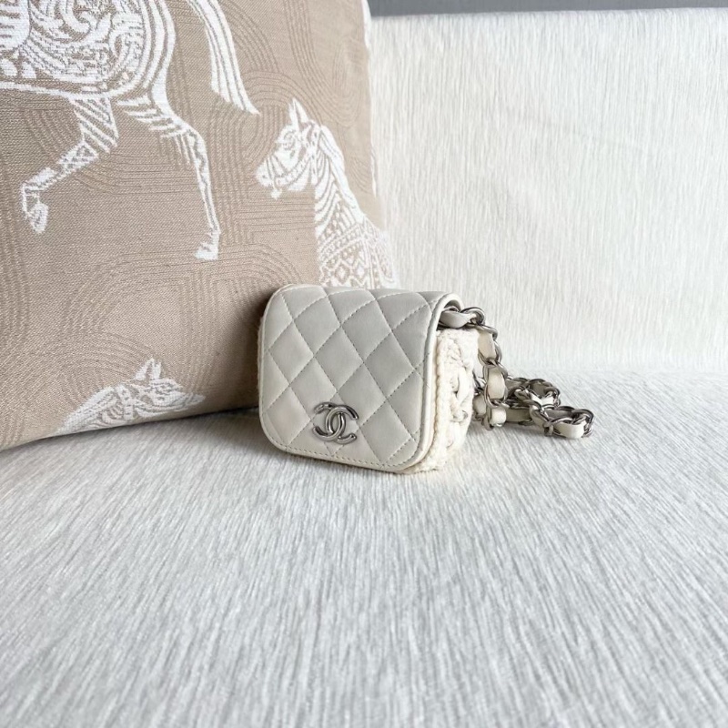 Chanel 白銀mini編織盒子包 白色銀扣 羊皮 10*9*4 9新 配件塵袋-6