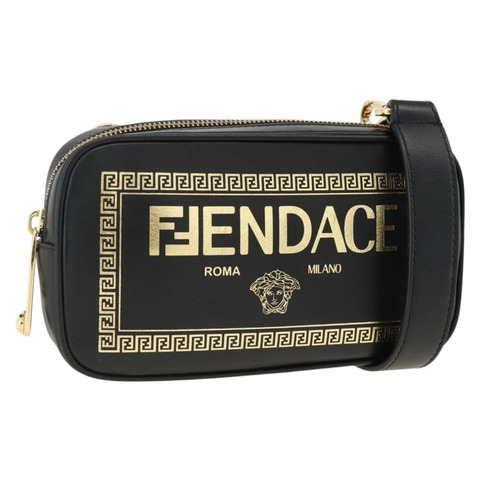 FENDI Versace 聯名背包，黑色金色皮革，正品 ka3101V