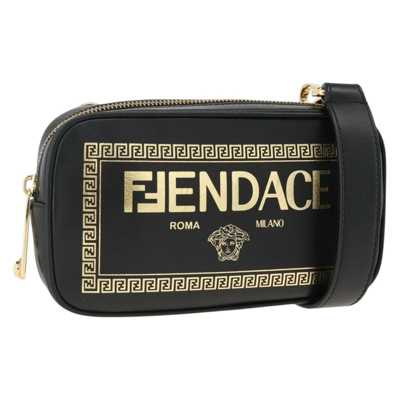 【日本直送】FENDI Versace 聯名背包，黑色金色皮革，正品 ka3101V-0