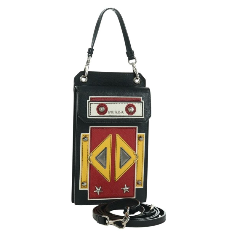 【日本直送】PRADA Robot 單肩包 Safiano 皮革 2way 黑色銀色 Auth AMZ460SAV-0