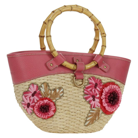 Miu Miu 粉紅金色拉菲草手提包 正品 AMZ060V