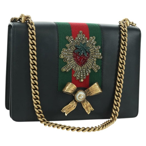 GUCCI 鏈條編織雪莉線單肩包，黑色金色皮革，貨號 432280，正品 YKZ566M