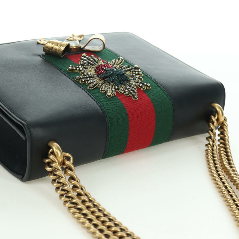 【日本直送】GUCCI 鏈條編織雪莉線單肩包，黑色金色皮革，貨號 432280，正品 YKZ566M-5