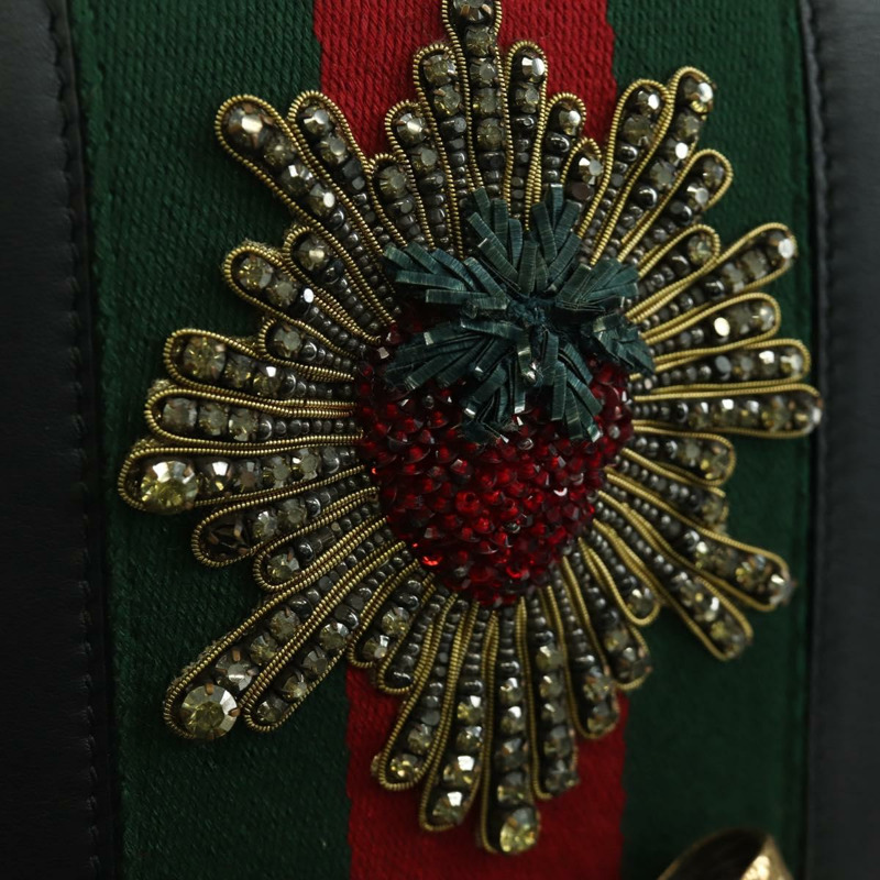 【日本直送】GUCCI 鏈條編織雪莉線單肩包，黑色金色皮革，貨號 432280，正品 YKZ566M-16