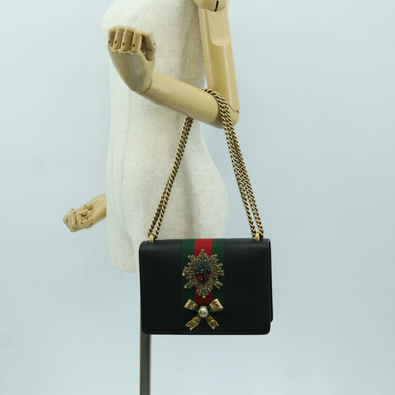 【日本直送】GUCCI 鏈條編織雪莉線單肩包，黑色金色皮革，貨號 432280，正品 YKZ566M-24