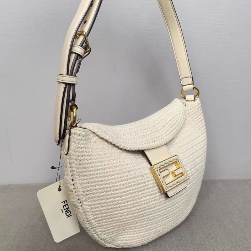 FENDI Croissant秀款編織牛角包新月包 奶油白色 牛皮 29*3*22 95新 配件塵袋-4