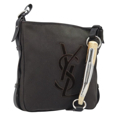 SAINT LAURENT Mombasa 單肩包 帆布皮革 深棕色 銀色 Auth hk3606V