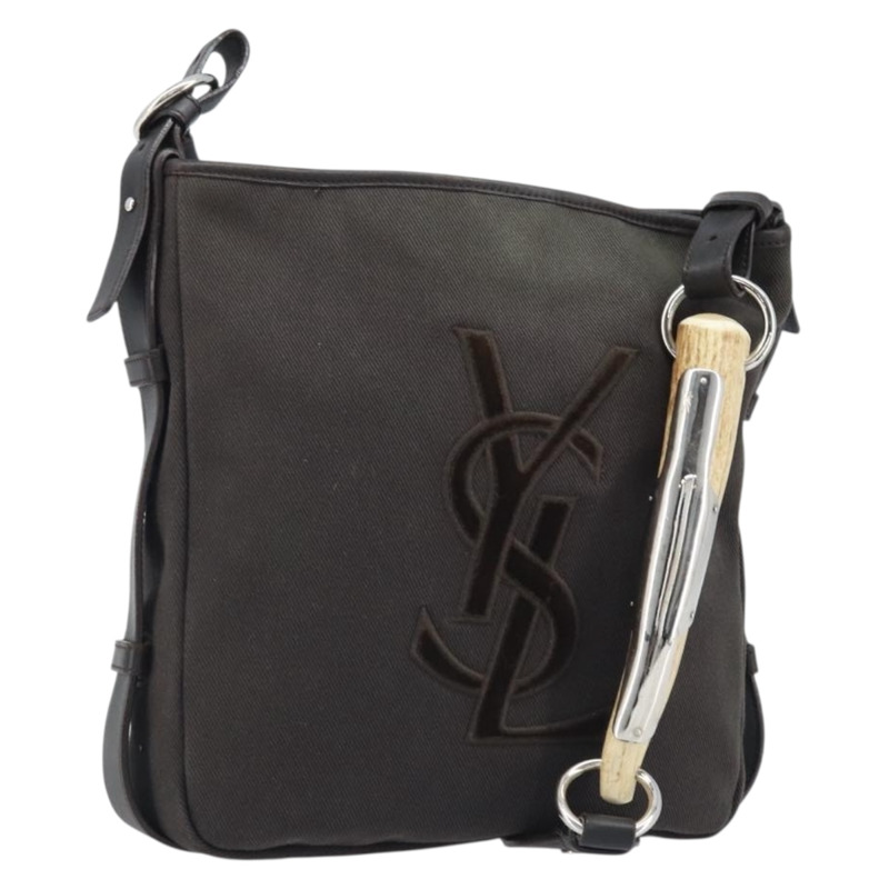 【日本直送】SAINT LAURENT Mombasa 單肩包 帆布皮革 深棕色 銀色 Auth hk3606V-0