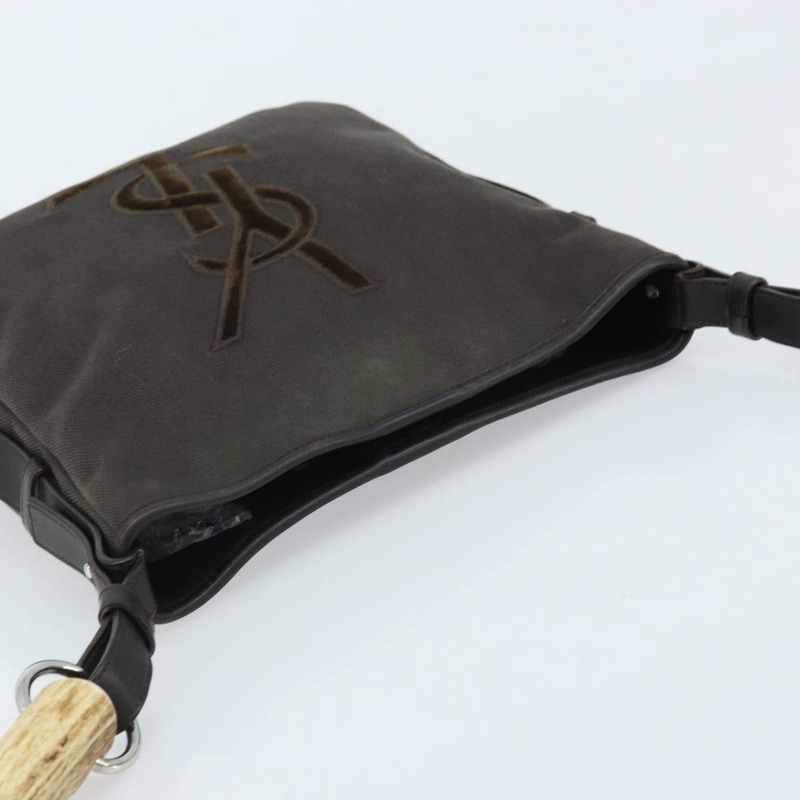 【日本直送】SAINT LAURENT Mombasa 單肩包 帆布皮革 深棕色 銀色 Auth hk3606V-5