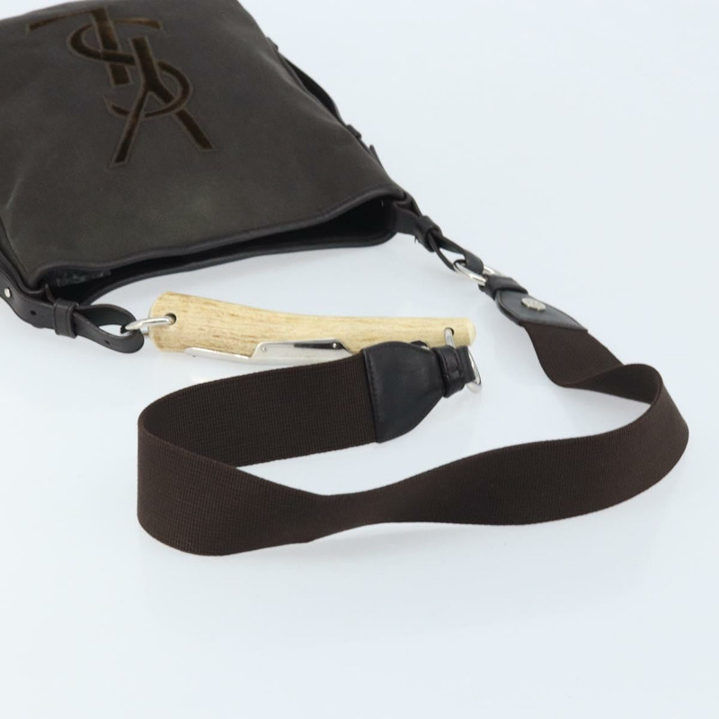 【日本直送】SAINT LAURENT Mombasa 單肩包 帆布皮革 深棕色 銀色 Auth hk3606V-6