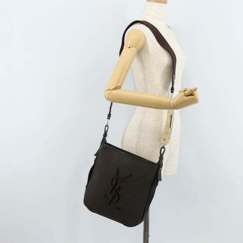 【日本直送】SAINT LAURENT Mombasa 單肩包 帆布皮革 深棕色 銀色 Auth hk3606V-22