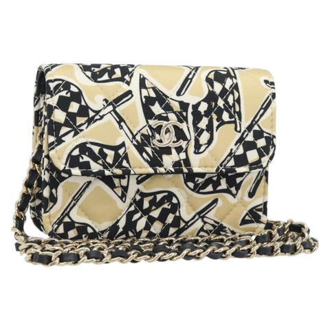 香奈兒迷你絎縫鏈條肩包 12 緞面米色 金色 CC 標誌 ARZ751SAM