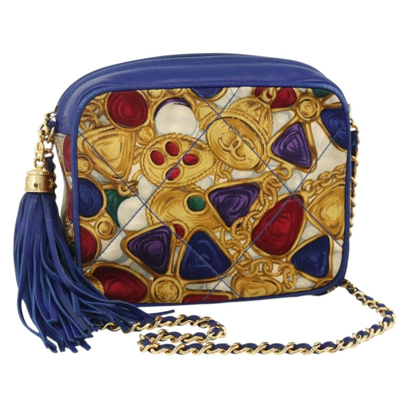 【日本直送】香奈兒 (CHANEL) 菱格紋鏈條肩背包，緞面藍色，金色雙C標誌，正品 BAZ668V-0