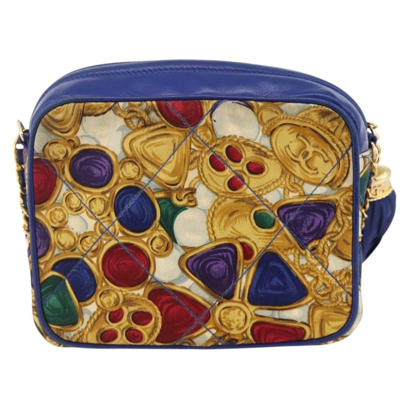 【日本直送】香奈兒 (CHANEL) 菱格紋鏈條肩背包，緞面藍色，金色雙C標誌，正品 BAZ668V-1