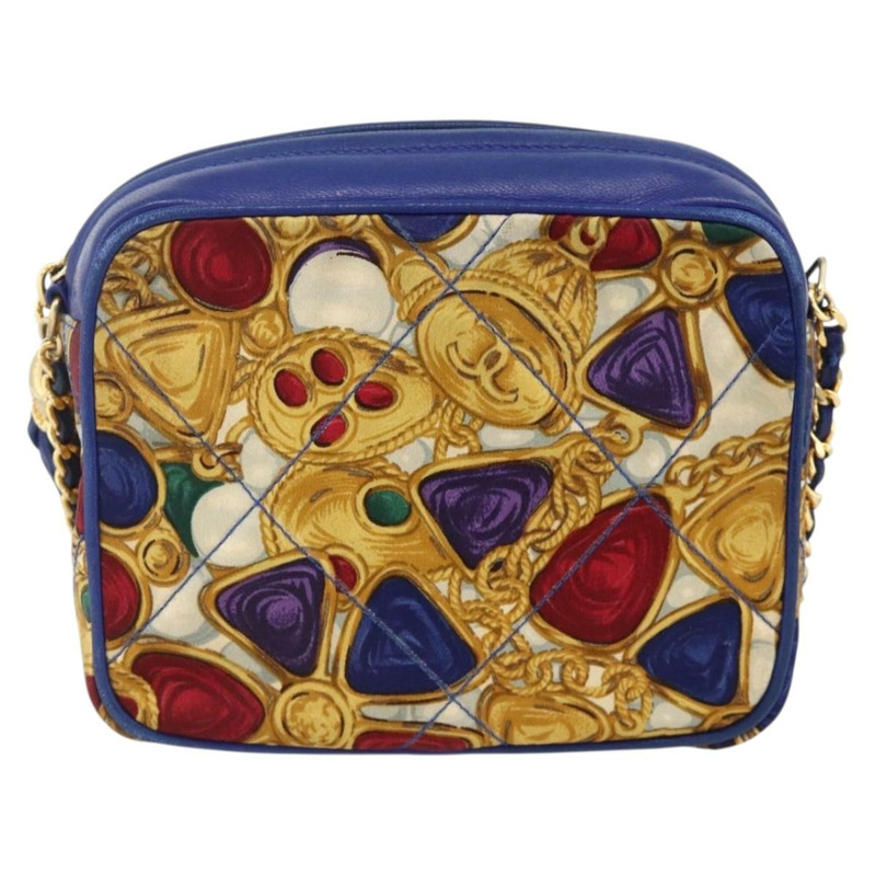 【日本直送】香奈兒 (CHANEL) 菱格紋鏈條肩背包，緞面藍色，金色雙C標誌，正品 BAZ668V-12