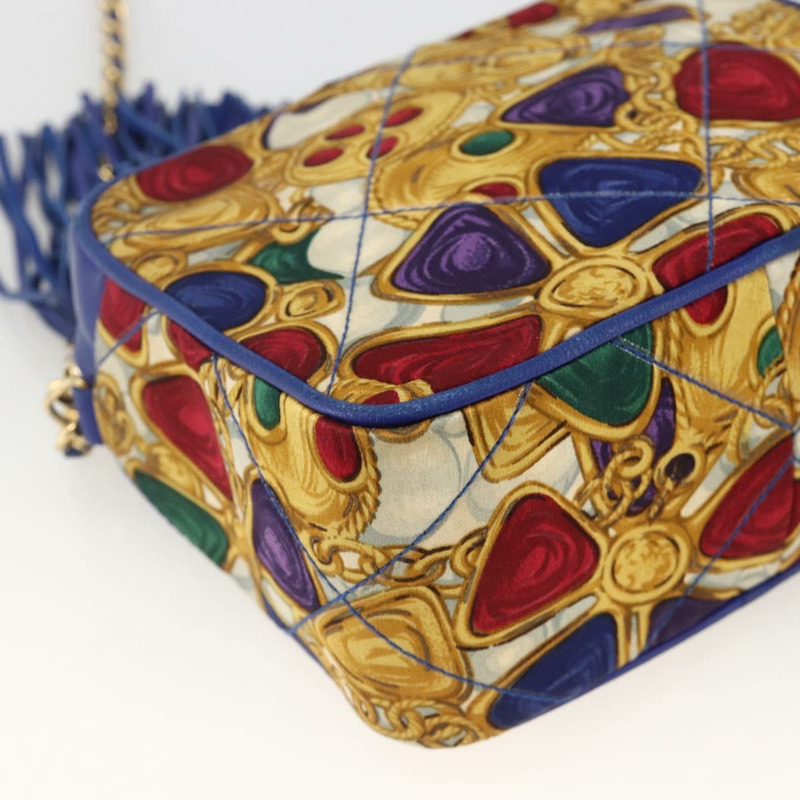 【日本直送】香奈兒 (CHANEL) 菱格紋鏈條肩背包，緞面藍色，金色雙C標誌，正品 BAZ668V-15