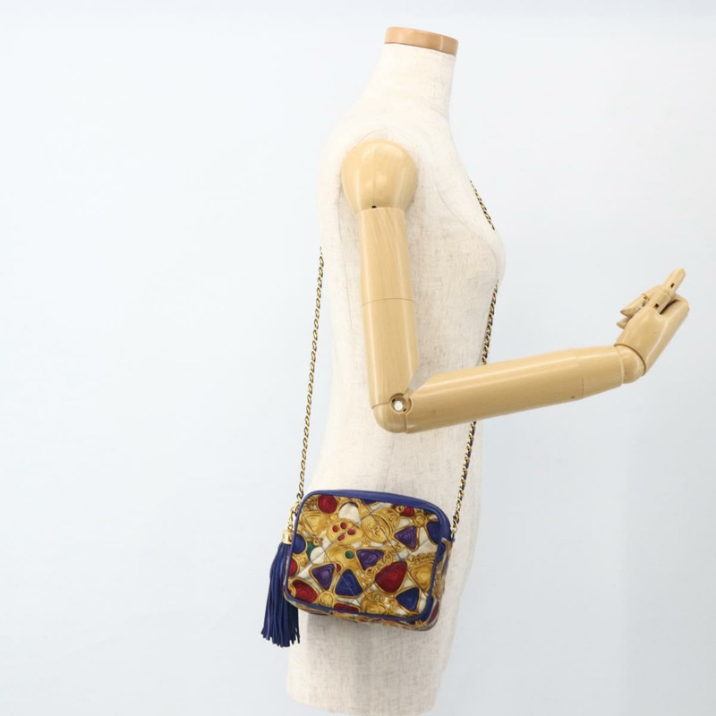 【日本直送】香奈兒 (CHANEL) 菱格紋鏈條肩背包，緞面藍色，金色雙C標誌，正品 BAZ668V-23