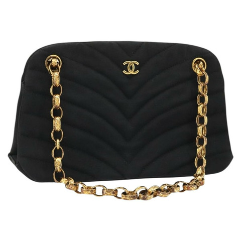 香奈兒 (CHANEL) 尼龍黑色金色雙C鏈條肩背包 Auth BAZ733A