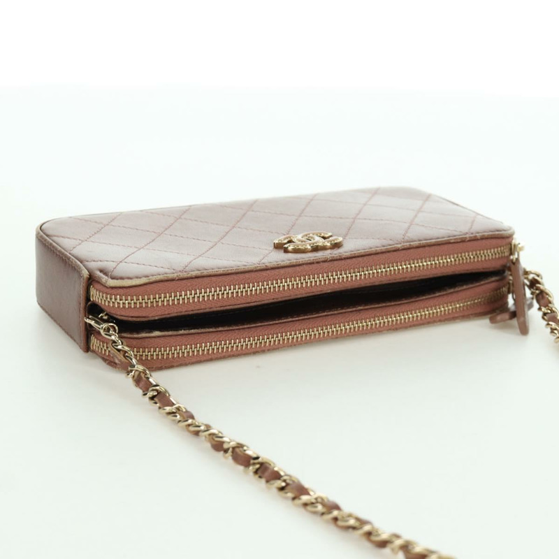 【日本直送】香奈兒 Matelasse 鏈條錢包單肩包 皮革 粉紅色 金色 CC Auth BAZ741V-5