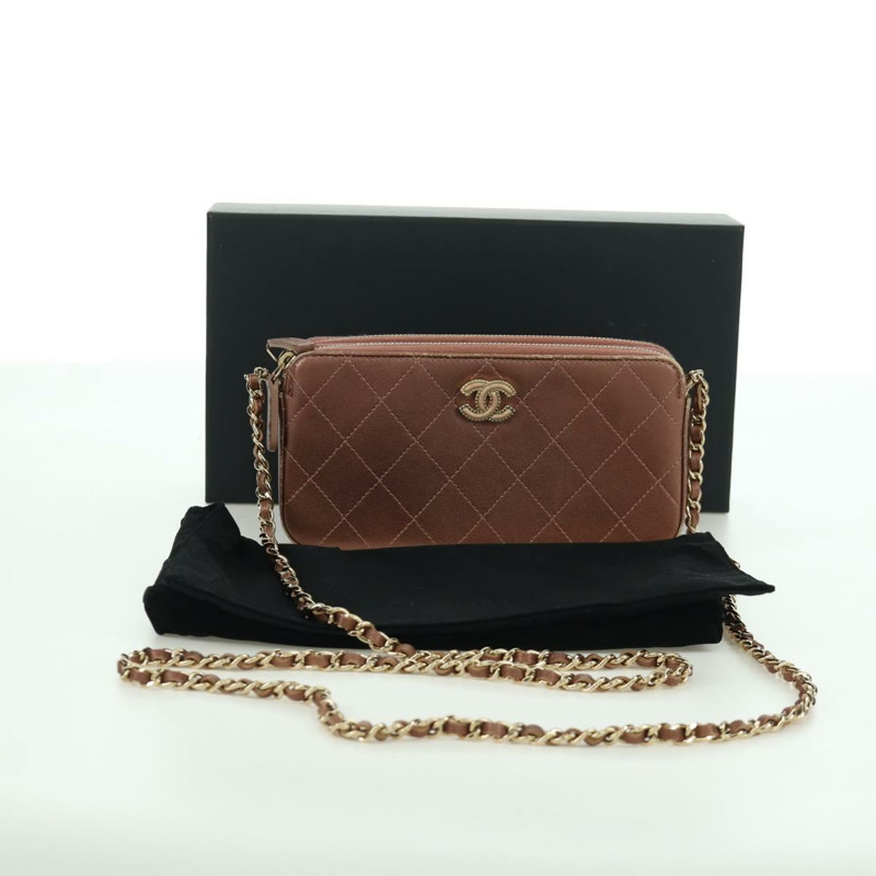 【日本直送】香奈兒 Matelasse 鏈條錢包單肩包 皮革 粉紅色 金色 CC Auth BAZ741V-11