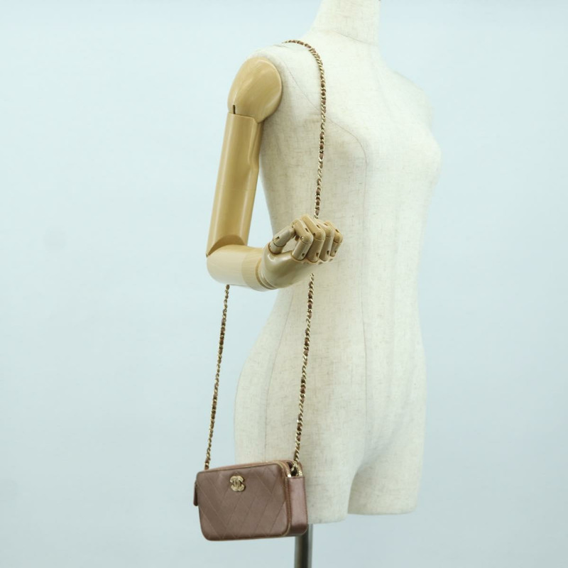 【日本直送】香奈兒 Matelasse 鏈條錢包單肩包 皮革 粉紅色 金色 CC Auth BAZ741V-23