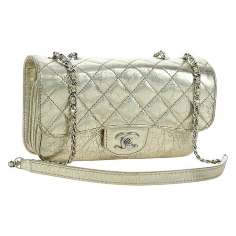 香奈兒 (CHANEL) Matelasse 鏈條肩背包，金色皮革，CC 標誌，正品 YKZ1557SAM