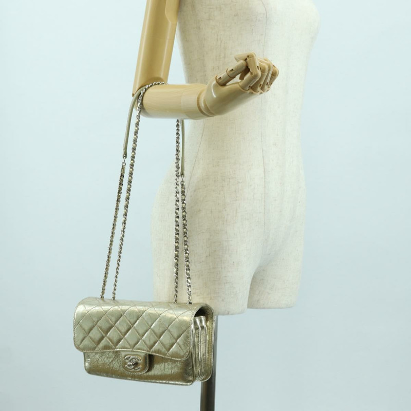 【日本直送】香奈兒 (CHANEL) Matelasse 鏈條肩背包，金色皮革，CC 標誌，正品 YKZ1557SAM-26