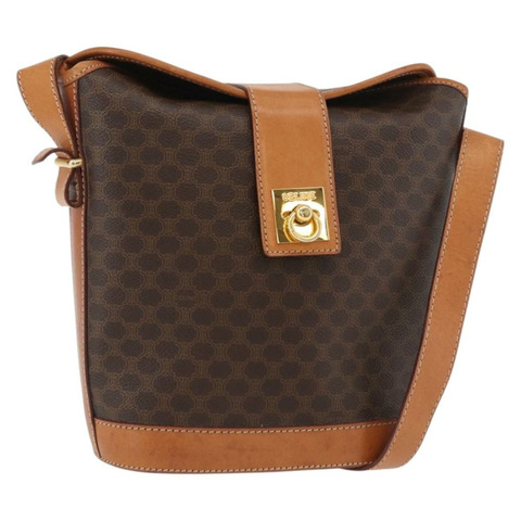 CELINE Macadam帆布迷你圓形包 PVC皮革 棕色金色 正品 am11383A