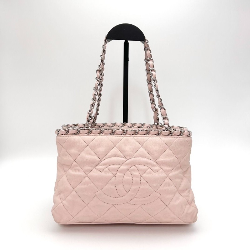 CHANEL 粉銀皮穿鏈滾邊 手提小號托特包 24.5*15.5*13 9新 配件塵袋-0