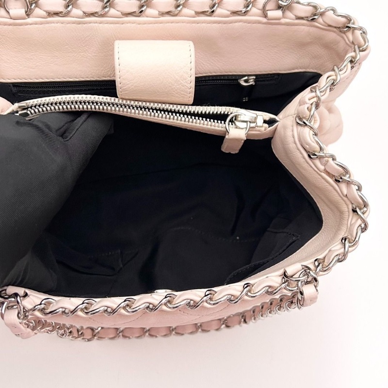 CHANEL 粉銀皮穿鏈滾邊 手提小號托特包 24.5*15.5*13 9新 配件塵袋-1